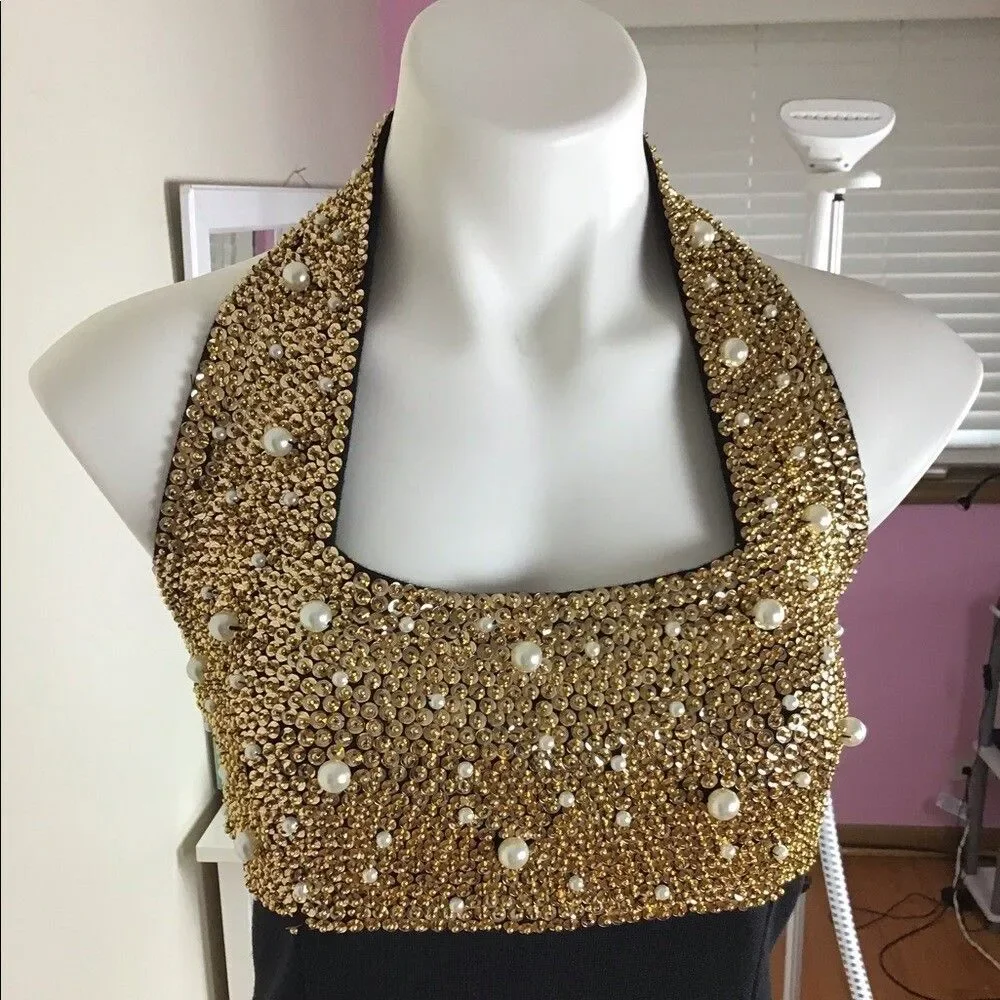 Outlander Studio Gold  Sequence Dress With White Pearls And Black  Bottom size M